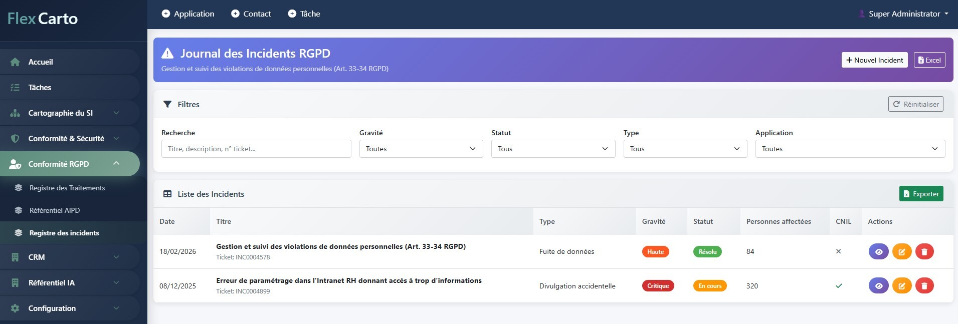 Registre des incidents